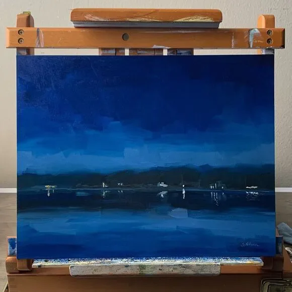 READ Original Oil Painting Landscape Nocturne Blue Lake Night Light 11x14 Signed